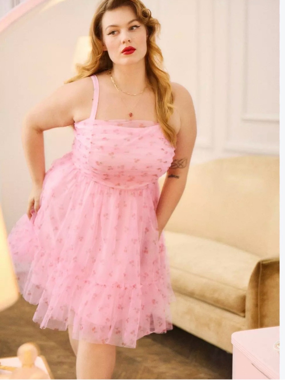 TORRID retro Pink Tulle Cherry Dress Sz 16 Women Plus Curvy Casual Sleeveless A4